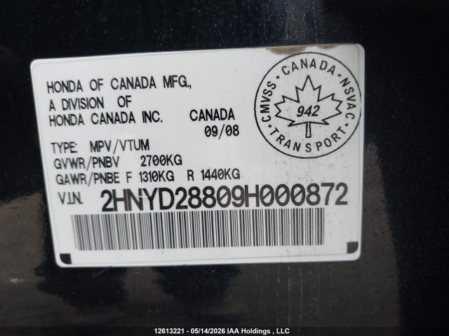 12613221 :رقم المزاد ، 2HNYD28809H000872 vin ، 2009 Acura Mdx Sport مزاد بيع