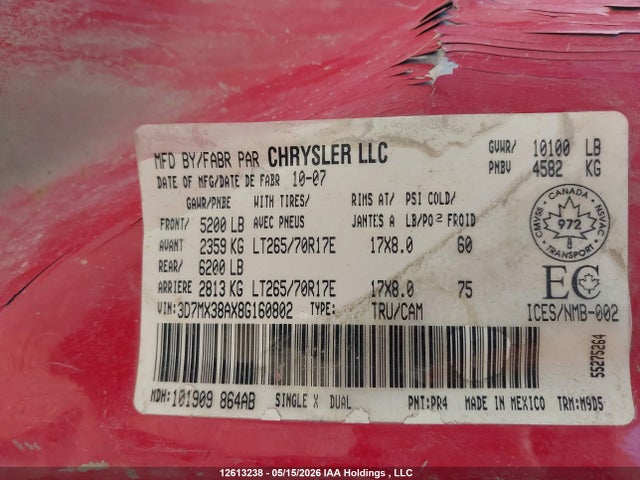 Aukcja sprzedaży 2008 Dodge Ram 3500 Slt, vin: 3D7MX38AX8G160802, numer aukcji: 12613238
