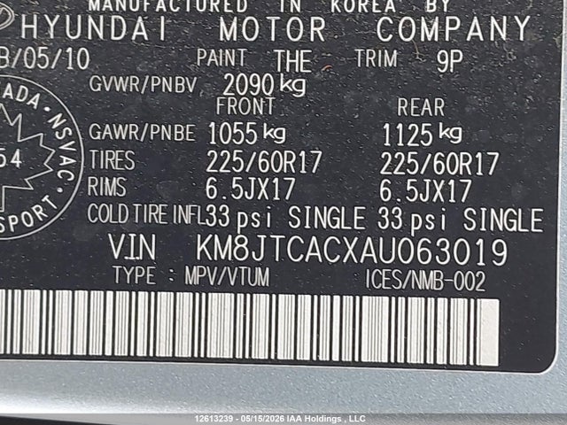 2010 Hyundai Tucson Gls მანქანა იყიდება აუქციონზე, vin: KM8JTCACXAU063019, აუქციონის ნომერი: 12613239