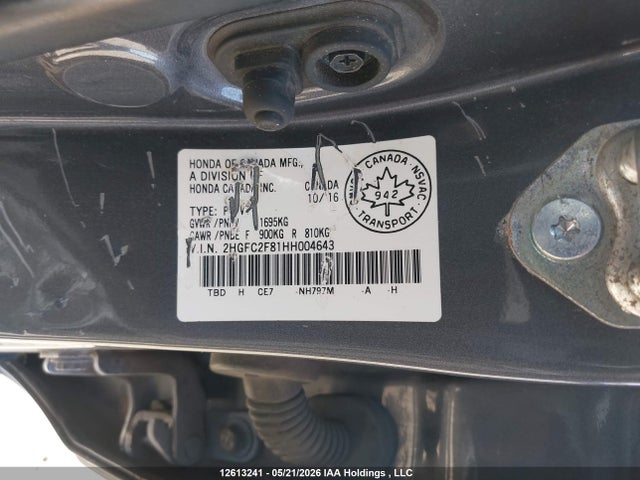 2017 Honda Civic Ex მანქანა იყიდება აუქციონზე, vin: 2HGFC2F81HH004643, აუქციონის ნომერი: 12613241