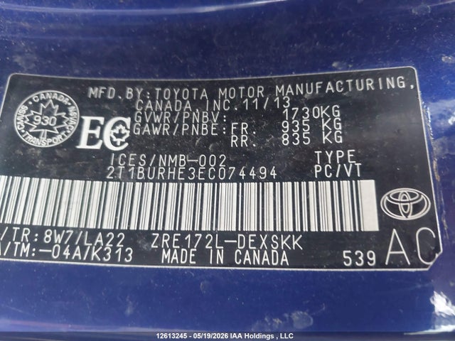 12613245 :رقم المزاد ، 2T1BURHE3EC074494 vin ، 2014 Toyota Corolla L/le/le Pls/prm/s/s Pls مزاد بيع