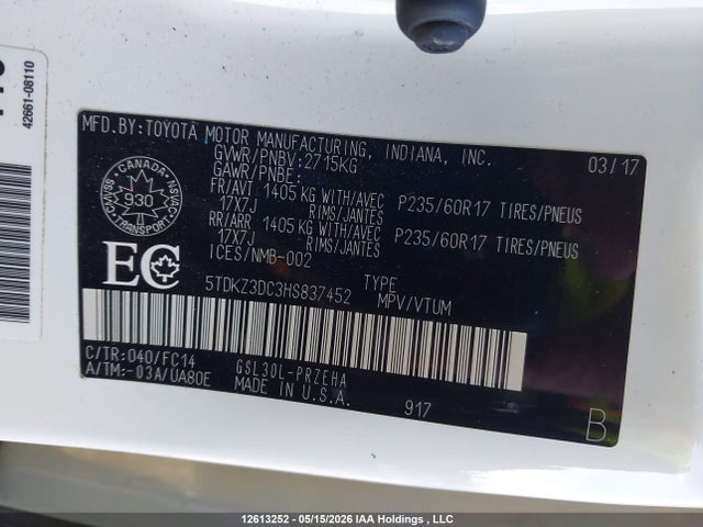 Продажа на аукционе авто 2017 Toyota Sienna Le, vin: 5TDKZ3DC3HS837452, номер лота: 12613252