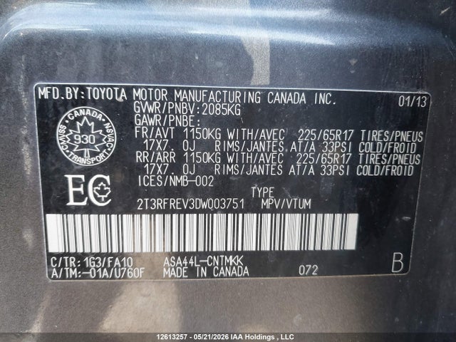 12613257 :رقم المزاد ، 2T3RFREV3DW003751 vin ، 2013 Toyota Rav4 Xle مزاد بيع