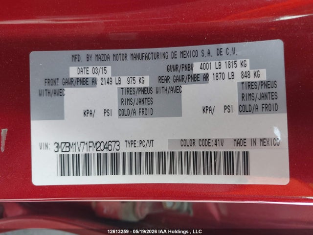 3MZBM1V71FM204673 Mazda 3 TOURING