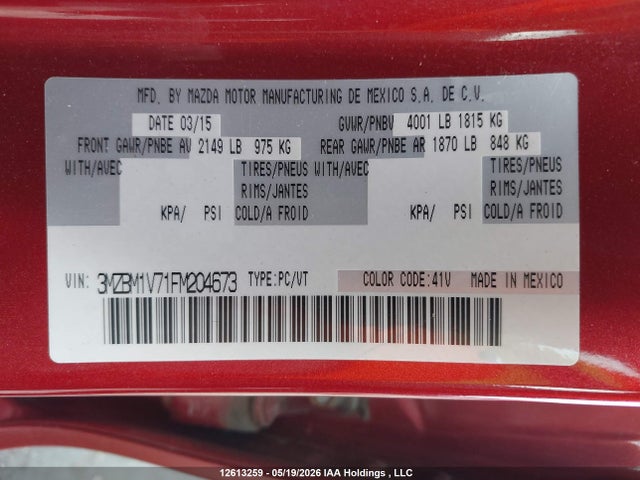 3MZBM1V71FM204673 Mazda 3 TOURING