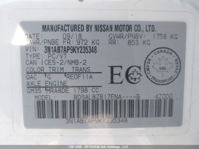 Aukcja sprzedaży 2019 Nissan Sentra, vin: 3N1AB7AP9KY235348, numer aukcji: 12613266