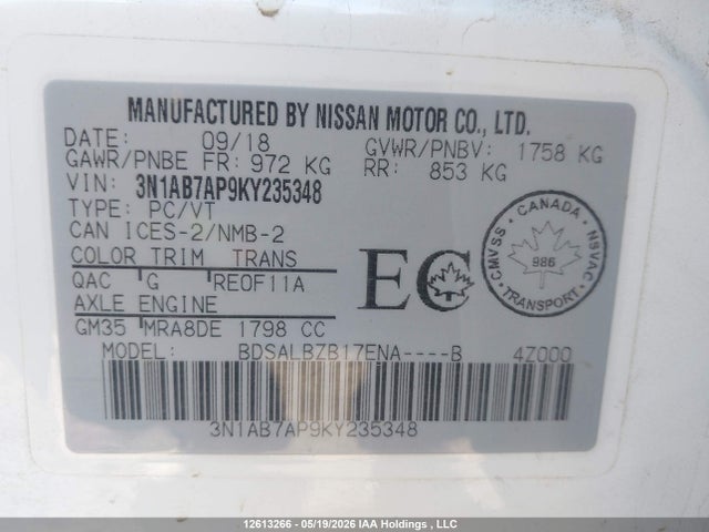 Aukcja sprzedaży 2019 Nissan Sentra, vin: 3N1AB7AP9KY235348, numer aukcji: 12613266