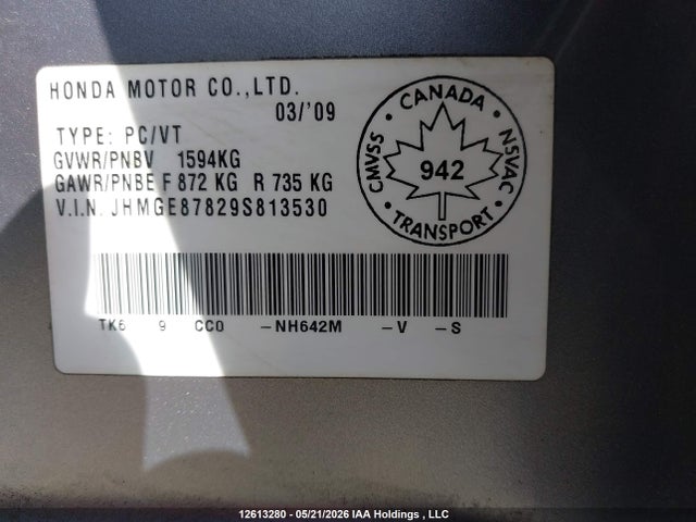 12613280 :رقم المزاد ، JHMGE87829S813530 vin ، 2009 Honda Fit مزاد بيع