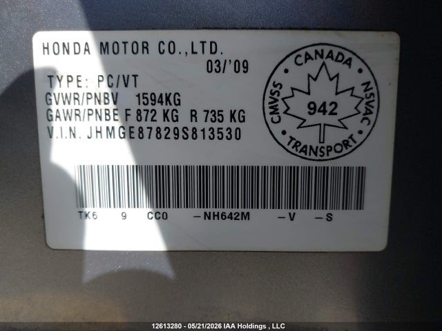 12613280 :رقم المزاد ، JHMGE87829S813530 vin ، 2009 Honda Fit مزاد بيع