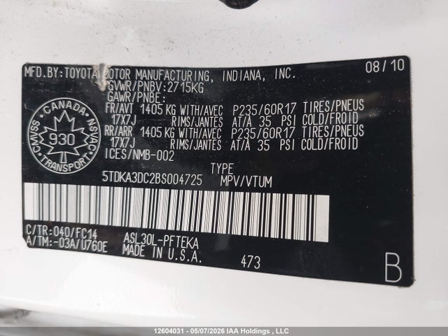 12604031 :رقم المزاد ، 5TDKA3DC2BS004725 vin ، 2011 Toyota Sienna Le مزاد بيع