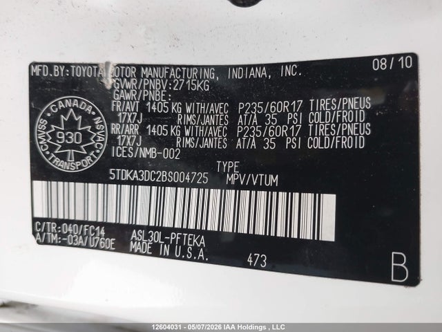 12604031 :رقم المزاد ، 5TDKA3DC2BS004725 vin ، 2011 Toyota Sienna Le مزاد بيع