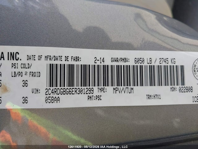 2014 Dodge Grand Caravan Se/sxt მანქანა იყიდება აუქციონზე, vin: 2C4RDGBG6ER301299, აუქციონის ნომერი: 12611920