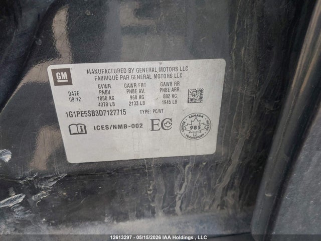 Продажа на аукционе авто 2013 Chevrolet Cruze Lt Turbo, vin: 1G1PE5SB3D7127715, номер лота: 12613297
