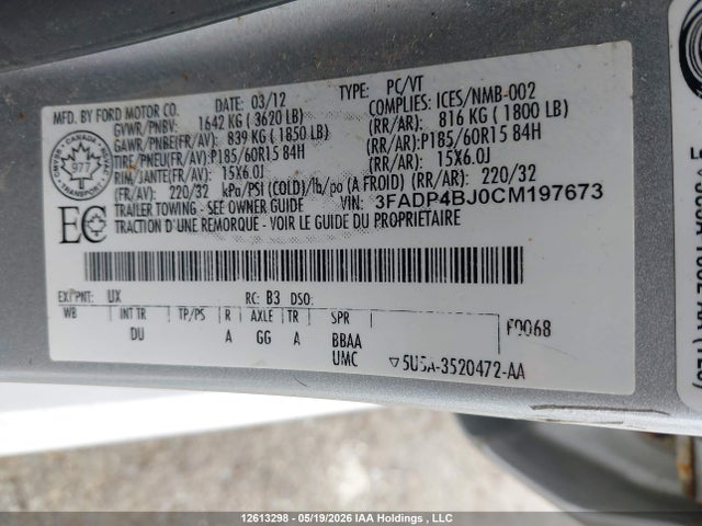 Продаж на аукціоні авто 2012 Ford Fiesta Se, vin: 3FADP4BJ0CM197673, номер лоту: 12613298