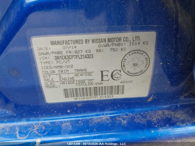 2015 Nissan Micra S/sr/sv მანქანა იყიდება აუქციონზე, vin: 3N1CK3CP7FL214323, აუქციონის ნომერი: 12613309