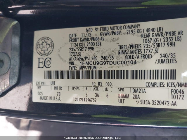 Продажа на аукционе авто 2013 Ford Escape Se, vin: 1FMCU9G97DUC00104, номер лота: 12393603