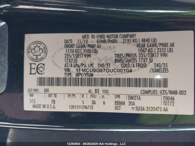 Продажа на аукционе авто 2013 Ford Escape Se, vin: 1FMCU9G97DUC00104, номер лота: 12393603