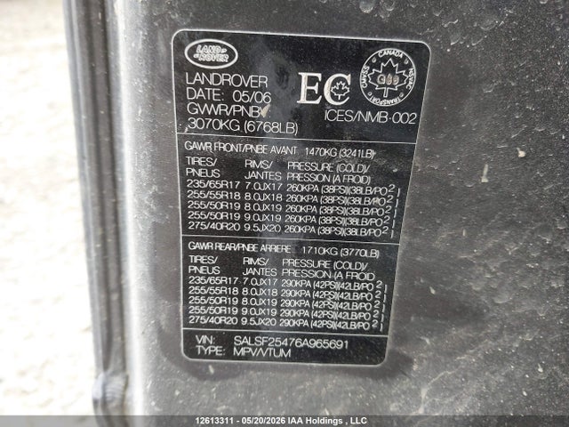 Aukcja sprzedaży 2006 Land Rover Range Rover Sport Hse, vin: SALSF25476A965691, numer aukcji: 12613311