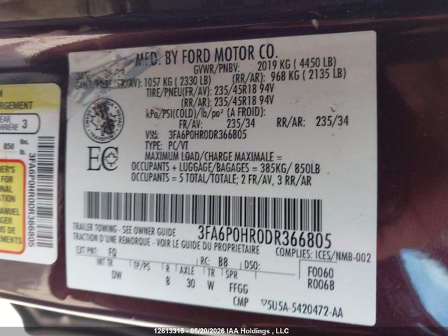 Продажа на аукционе авто 2013 Ford Fusion Se, vin: 3FA6P0HR0DR366805, номер лота: 12613315