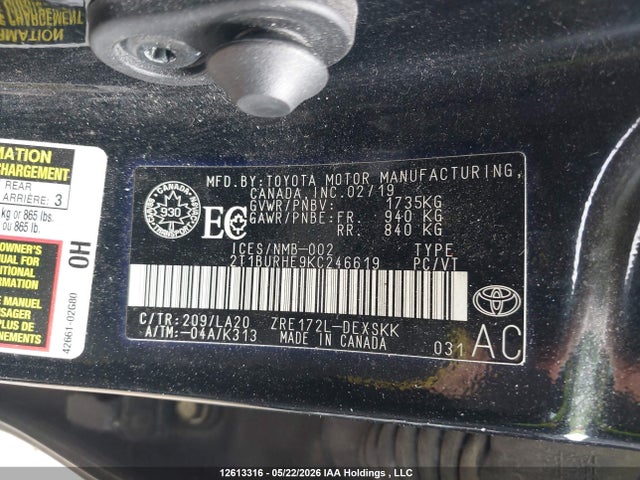 2019 Toyota Corolla L/le/xle/se/xse მანქანა იყიდება აუქციონზე, vin: 2T1BURHE9KC246619, აუქციონის ნომერი: 12613316
