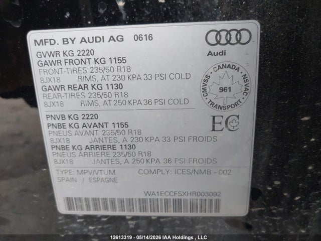 Aukcja sprzedaży 2017 Audi Q3 Premium, vin: WA1ECCFSXHR003092, numer aukcji: 12613319