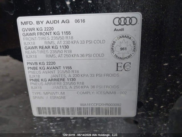 Aukcja sprzedaży 2017 Audi Q3 Premium, vin: WA1ECCFSXHR003092, numer aukcji: 12613319