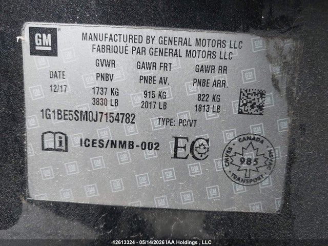 2018 Chevrolet Cruze მანქანა იყიდება აუქციონზე, vin: 1G1BE5SM0J7154782, აუქციონის ნომერი: 12613324