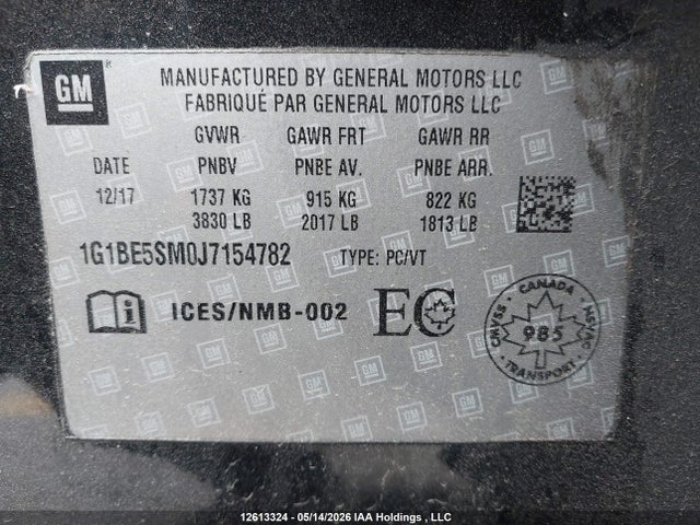 2018 Chevrolet Cruze მანქანა იყიდება აუქციონზე, vin: 1G1BE5SM0J7154782, აუქციონის ნომერი: 12613324