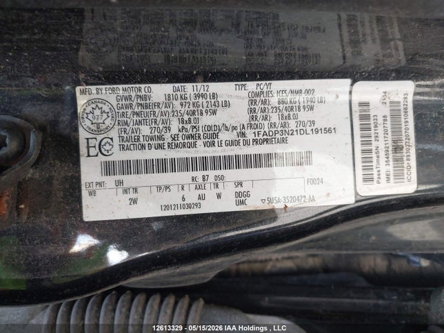 12613329 :رقم المزاد ، 1FADP3N21DL191561 vin ، 2013 Ford Focus مزاد بيع