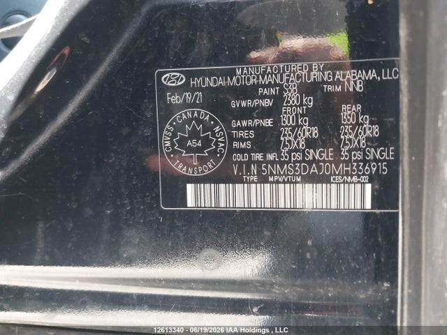 12613340 :رقم المزاد ، 5NMS3DAJ0MH336915 vin ، 2021 Hyundai Santa Fe Preferred Awd مزاد بيع