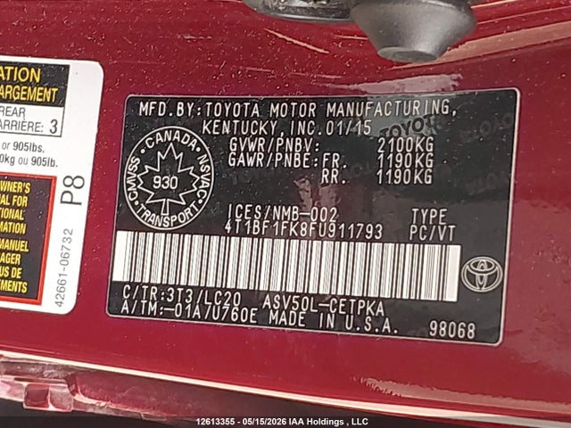 2015 Toyota Camry Le/xle/se/xse მანქანა იყიდება აუქციონზე, vin: 4T1BF1FK8FU911793, აუქციონის ნომერი: 12613355