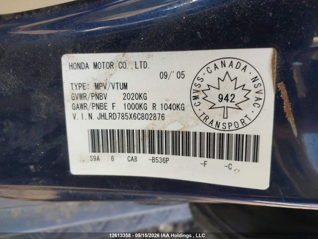 Aukcja sprzedaży 2006 Honda Cr-v Se, vin: JHLRD785X6C802876, numer aukcji: 12613358