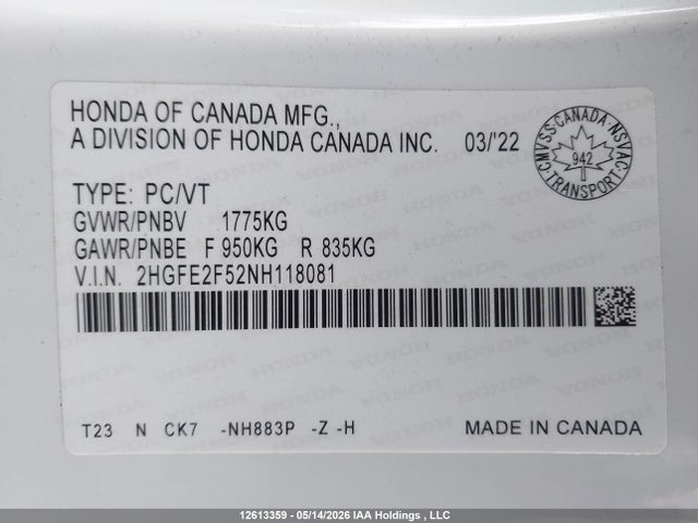 2022 Honda Civic Sport მანქანა იყიდება აუქციონზე, vin: 2HGFE2F52NH118081, აუქციონის ნომერი: 12613359