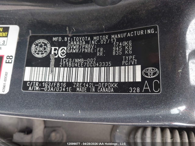 12599877 :رقم المزاد ، 2T1BU4EE7DC043335 vin ، 2013 Toyota Corolla Ce مزاد بيع