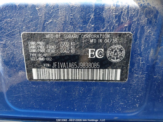 12613362 :رقم المزاد ، JF1VA1A65J9838085 vin ، 2018 Subaru Wrx مزاد بيع