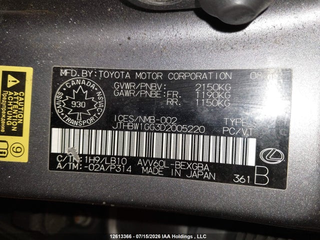 Aukcja sprzedaży 2013 Lexus Es 300h 300h, vin: JTHBW1GG3D2005220, numer aukcji: 12613366