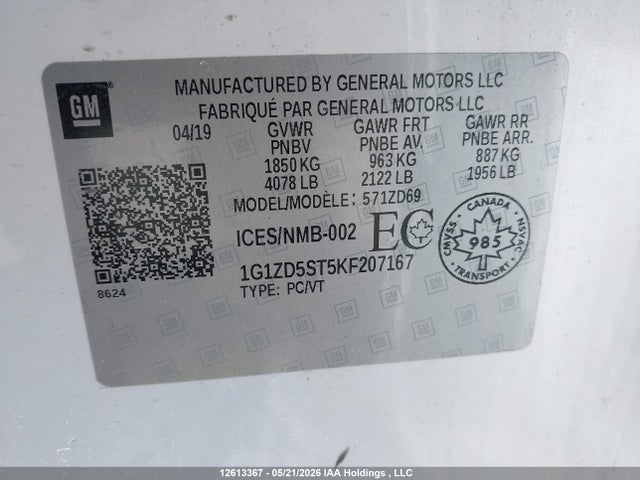 Продаж на аукціоні авто 2019 Chevrolet Malibu Lt, vin: 1G1ZD5ST5KF207167, номер лоту: 12613367