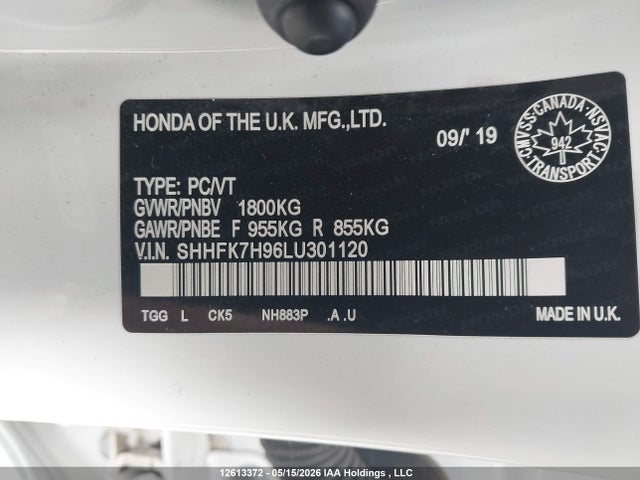 Продаж на аукціоні авто 2020 Honda Civic Sport Touring, vin: SHHFK7H96LU301120, номер лоту: 12613372