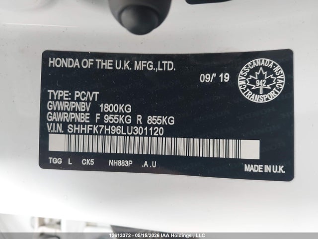 Продаж на аукціоні авто 2020 Honda Civic Sport Touring, vin: SHHFK7H96LU301120, номер лоту: 12613372
