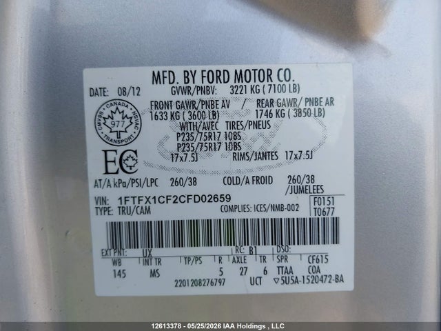 Aukcja sprzedaży 2012 Ford F150 Super Cab, vin: 1FTFX1CF2CFD02659, numer aukcji: 12613378