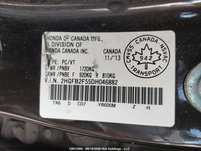 12613384 :رقم المزاد ، 2HGFB2F55DH046882 vin ، 2013 Honda Civic Ex 4dr مزاد بيع