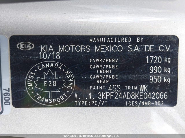 Продажа на аукционе авто 2019 Kia Forte Fe/lx/lxs, vin: 3KPF24AD8KE042066, номер лота: 12613399