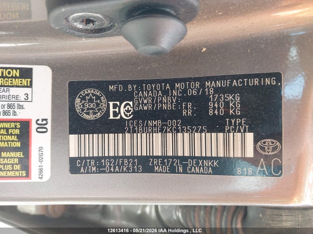 Продаж на аукціоні авто 2019 Toyota Corolla, vin: 2T1BURHE7KC135275, номер лоту: 12613416