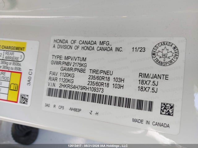 12613417 :رقم المزاد ، 2HKRS4H79RH109373 vin ، 2024 Honda Cr-v Exl مزاد بيع