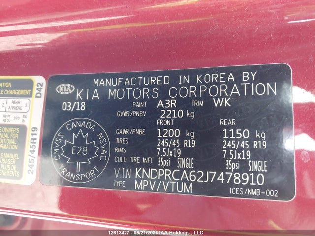 Aukcja sprzedaży 2018 Kia Sportage Sx Turbo, vin: KNDPRCA62J7478910, numer aukcji: 12613427