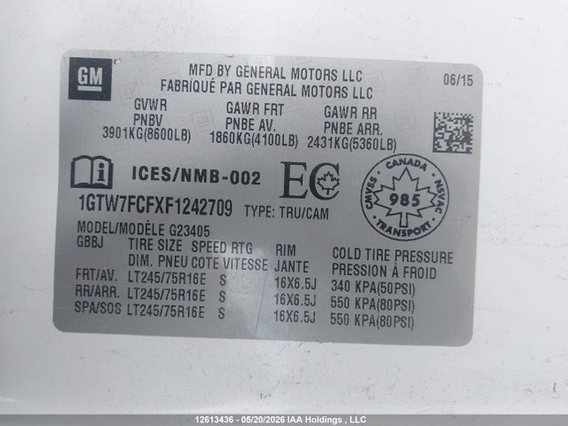 Aukcja sprzedaży 2015 Gmc Savana G2500, vin: 1GTW7FCFXF1242709, numer aukcji: 12613436