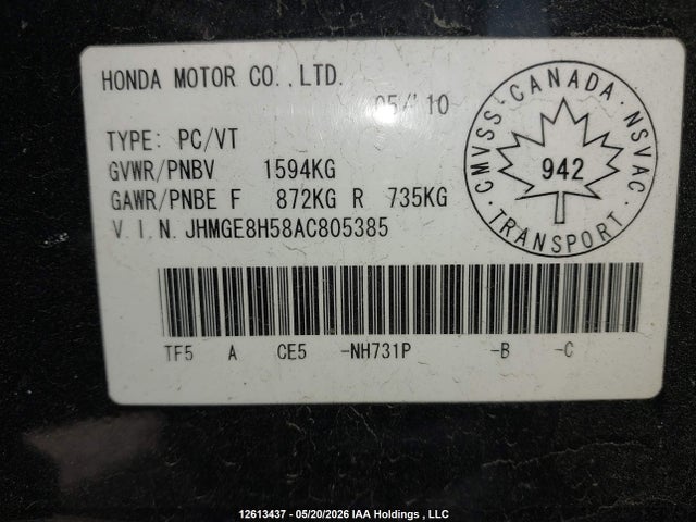 Продаж на аукціоні авто 2010 Honda Fit Lx, vin: JHMGE8H58AC805385, номер лоту: 12613437