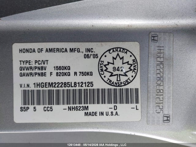 Продажа на аукционе авто 2005 Honda Civic Dx/reverb/se, vin: 1HGEM22285L812125, номер лота: 12613448