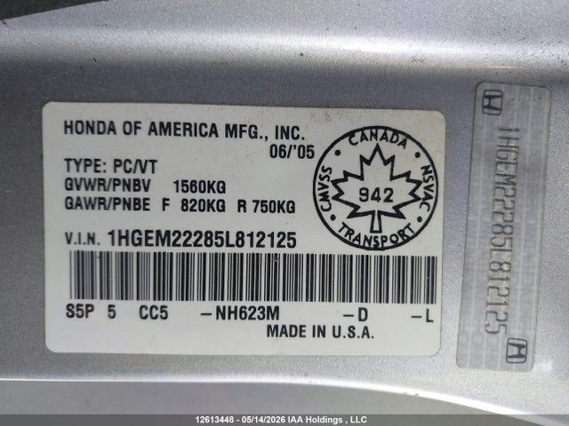 Продажа на аукционе авто 2005 Honda Civic Dx/reverb/se, vin: 1HGEM22285L812125, номер лота: 12613448