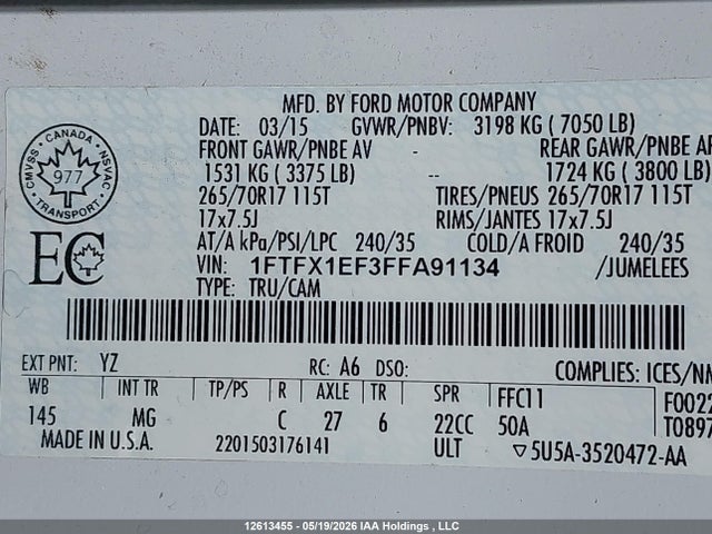 Aukcja sprzedaży 2015 Ford F150 Super Cab, vin: 1FTFX1EF3FFA91134, numer aukcji: 12613455